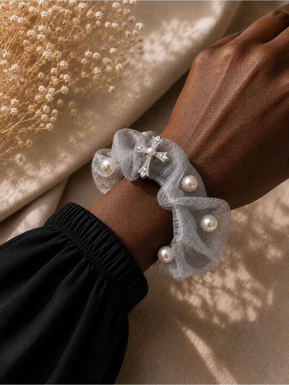 Pearl-Embellished Silver Organza Scrunchie Bracelet